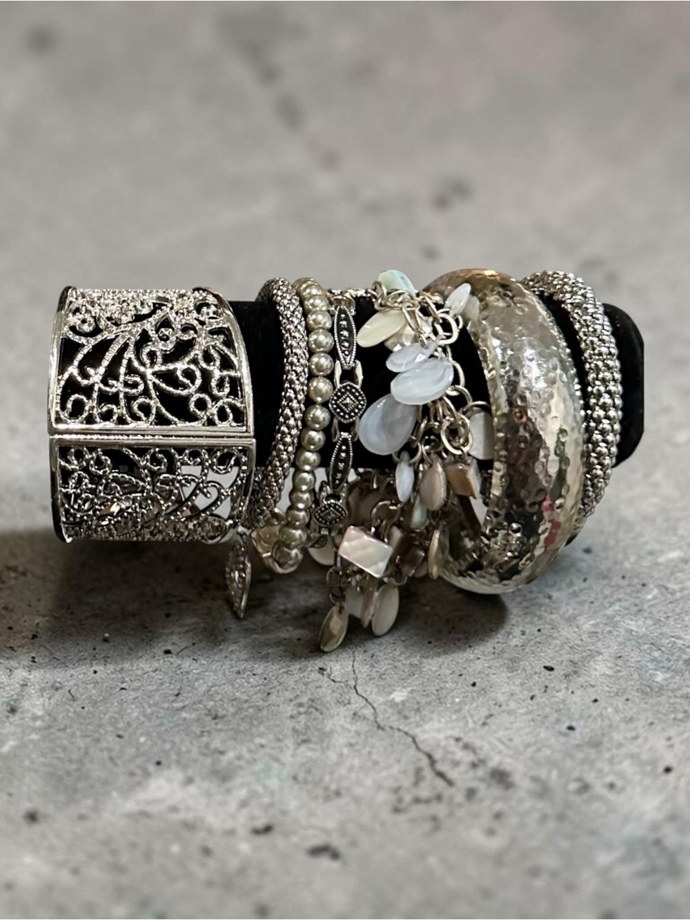Signature Faith Silver Tone Bracelet Stack Mother of Pearl Charms Mixed Bangles